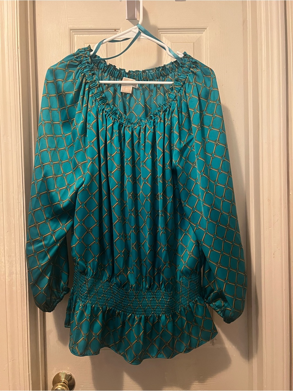 Michael Kors Teal Chain-Print Peasant Blouse